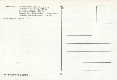 Triptoque dos Dominicanos — convento de Dubrovnik, século XIV — editor turistkomerc-zagreb, n° 004 — Verso