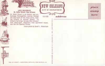 Balcones de renda — Rua São Pedro, Nova Orleans — Pub. by H. S. Crocker Co., Inc., San Francisco — Verso