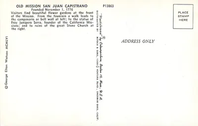 Velha Missão de San Juan Capistrano — ruínas e jardins — Plastichome, Ventura, Califórnia — Verso