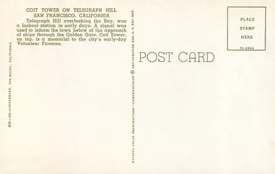 Wieża Coit na Telegraph Hill — San Francisco, Kalifornia — Wydawca Ed Christensen, nr 7C-K664 — Rewers