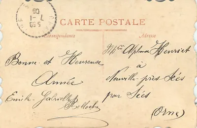 Zdekorowana kartka pocztowa z trójkątem — znaczek 5c, pieczęć Château-Landon — przeznaczona dla Alphonsa Henriqueta w Chauvillers-près-Sées — Rewers
