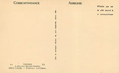 Kościół św. Genès — Boczne wejście — Lévy & Neurdein Réunis, Drukarnia Paryż — Rewers
