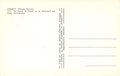 Annecy (Wysokie Savoie) — Kanał Vassé, gdzie odbywają się festyny weneckie — Wydawnictwo G. Rossat-Mignod, nr 111 — Rewers
