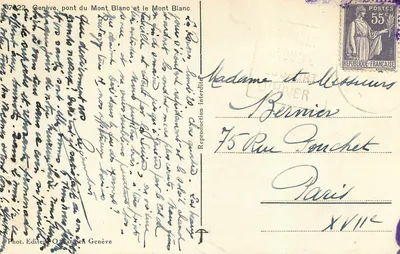 Ginevra, ponte del Monte Bianco e il Monte Bianco — Fot. Editore O. Laffont, Ginevra — n° 7722 — Verso