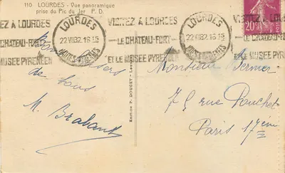 Lourdes — Panoramiczny widok z Pic du Jer — Wydawnictwo P. Doucet, Lourdes, n°110 — Rewers