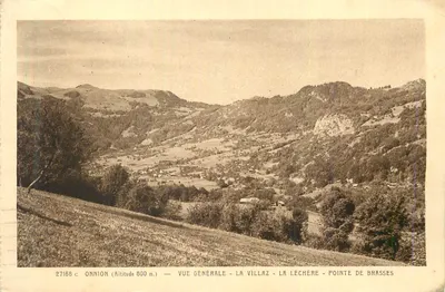 Bilhete postal antigo Onnion (Alt 800 m) Vista Geral da Villaz La Lechere Ponte de Brasses