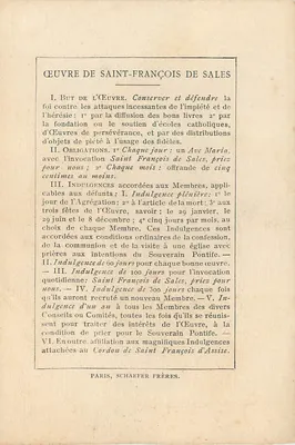 São Francisco de Sales — Bispo e Príncipe de Genebra — Retrato autêntico segundo Philippe de Champaigne — J. Chevron escultor — A. W. Schulgen, editor 25 rue St-Sulpice, Paris — Verso