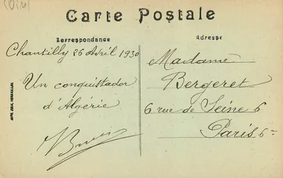 Chantilly — Statua księcia d’Aumale autorstwa Gérôme — wydawca M. P. Gua, Versallier — Rewers