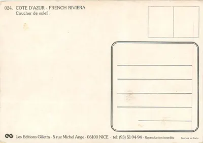 Côte d'Azur — zachód słońca — Les Editions Gilletta — Rewers