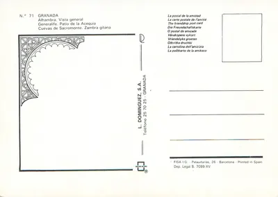 Granada — Alhambra, Pátio da Acequia, Zambra gitana — L. Dominguez, S.A. — Verso