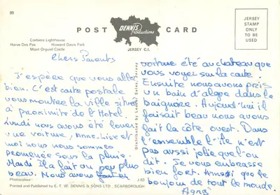 SAUDAÇÕES DE JERSEY — Farol de Corbière, Parque Howard Davis, Castelo de Mont Orgueil — Dennis Productions — Verso