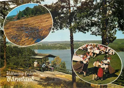 Värmland — vista panorâmica com cenas de vida local — editor Hedricó AB, Karlstad, n° 425