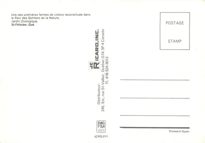 Odtworzona kolonistyczna farma — Park Sentiers de la Nature, St-Félicien, Québec — wydawca JCARD,INC. — Rewers