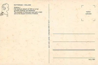 Rotterdam / Holanda — Stadhuis — editor euro color cards, n° e.c.c. 904 — Verso