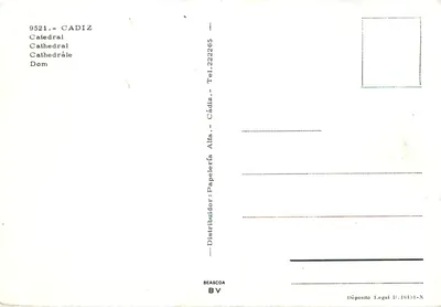 Catedral de Cadiz — vista panorâmica — Distribuidor: Papelería Alfa — Verso