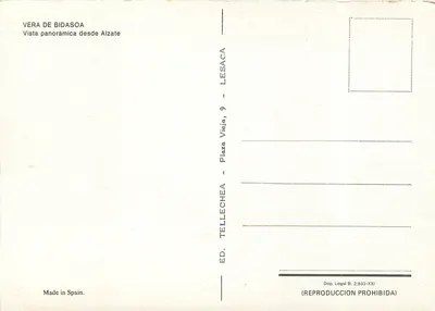 Vera de Bidasoa — vista panorâmica desde Alzate — Éd. Tellechea, Lesaca — Verso