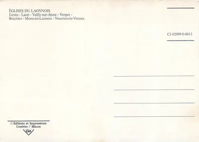 Kościoły Laonnois — Miejsce: Laon, Vorges, Vailly-sur-Aisne, itp. — Wydawnictwo i drukarnia Combier / Mâcon, n° C3 02999-0-0011 — Rewers