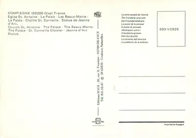 Panorama Compiègne — Kościół św. Antoniego, Pałac, Piękne Góry, Statua Jeanne d'Arc — Wydawnictwo MACE — Rewers