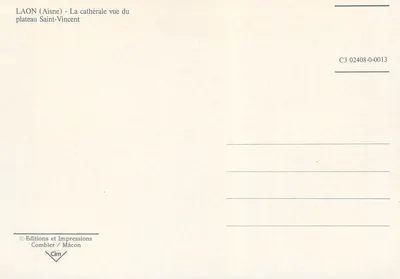 Laon — Katedra widziana z plateau Saint-Vincent — Wydawnictwo i Drukarnia Combier / Mâcon, n° C3 02408-0-0013 — Rewers