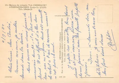 Castelo de La Chesnaye — Athée-sur-Cher — editor Artaud Frères — Verso