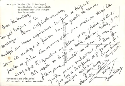 Belvès (24170 Dordogne) — Vista Geral. Portal esculturado. Rue Principale — Edições René 24-130 Marsac sur Dordogne — Verso