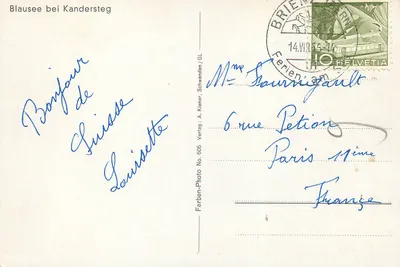 Blausee bei Kandersteg — lago alpino com cabana e barco — Verlag A. Kliener, Schwanden / GL, No. 605 — Verso