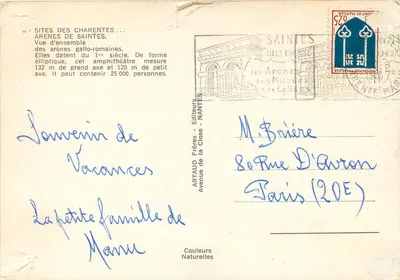 Arênes de Saintes — ampitheatro gallo-romano — editor ARTAUD Frères - NANTES — Verso
