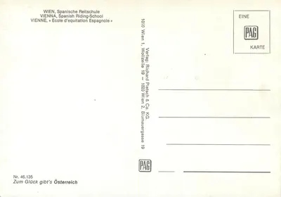 Kawaler w czerwonym mundurze — szkoła jeździectwa hiszpańskiego w Wiedniu — wydawca Richard Pietsch & Co. KG, n° 46.135 — Rewers