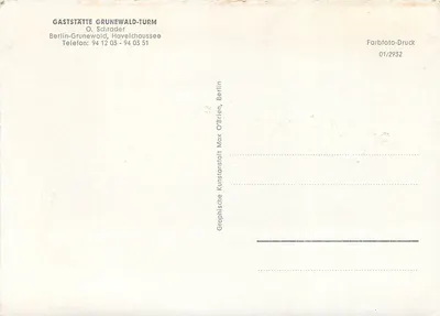 Torre do Grunewald — Berlim — editor O. Schrader, n° 01/2932 — Verso