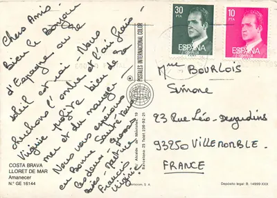 Statua morza w Lloret de Mar — zachód słońca — POSTALES INTERNACIONAL COLOR — Rewers