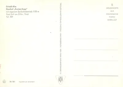 Grindl-Alm — Gospoda "Enzian-Sepp" z własnym teleferytem na 1150 m — Tiroler Kunstverlag Chizzal — Rewers