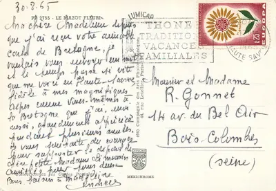 Widok na Thône — góry i dom z kwiatami na balkonie — wydawca IRIS — Rewers