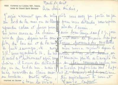 Vichères sur Liddes — Walonia, droga do Wielkiego Świętego Bernarda — Wydawnictwo Martigny, nr 15024 — Rewers