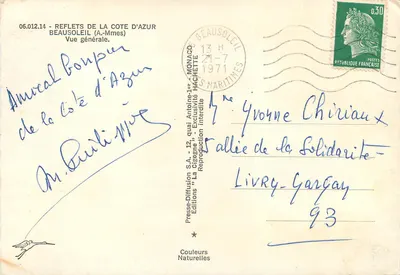 Vista geral da Costa Azul — Beausoleil — edição La Cigogne — Verso