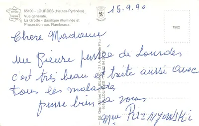 Lourdes — Vista geral, Gruta, Basílica iluminada — Edição Lyoncolor — Verso