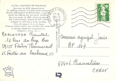 Castelo de Polignac — Região do Puy (Alta Loire) — Edições L. Rocher, n°14.745 — Verso