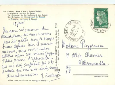Cannes - Costa Azul - Riviera Francesa — A Croisette, no fundo o Suquet — Éditions GILLETТА, n°328 — Verso