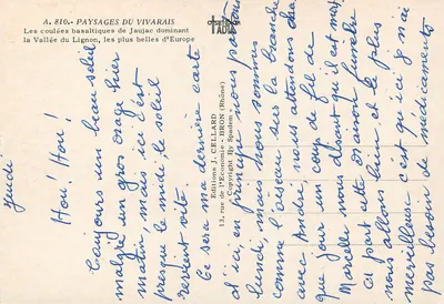 Basaltowe strumienie Jaujac dominujące Doliną Lignon — Widoki z Vivarais — Éditions J. CELLARD — Rewers