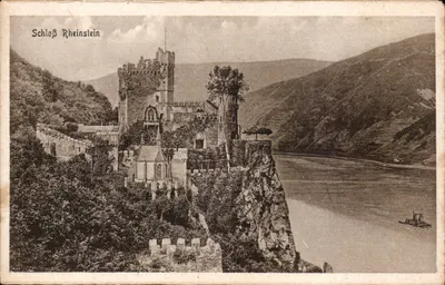 Schloß Rheinstein — castelo em falésia à beira do rio Reno — Stengel & Co., Dresden