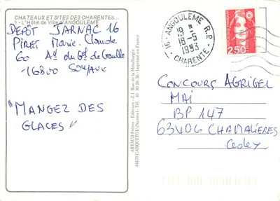 Hôtel de Ville de Angoulême — Castelos e Sítios dos Charentes — editor ARTAUD Frères, Nantes — Verso