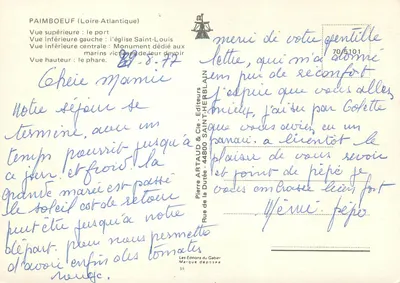 Paimboeuf — Porto, Igreja de São Luís, monumento aos marinheiros, farol — Editor Pierre Artaud & Cie — Verso