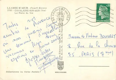 Cavalairé-sur-Mer — widok portu z mimozą i kwiatami — wydawca Mexichrome, nr 70 — Rewers