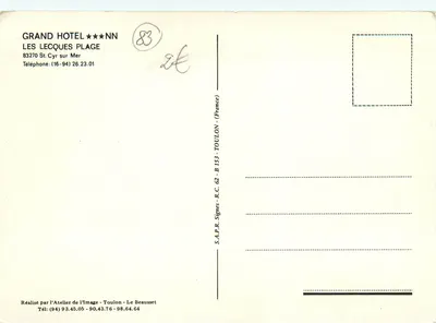 Grand Hotel — Les Lecques Plage — Atelier de l'Image, Toulon — Verso
