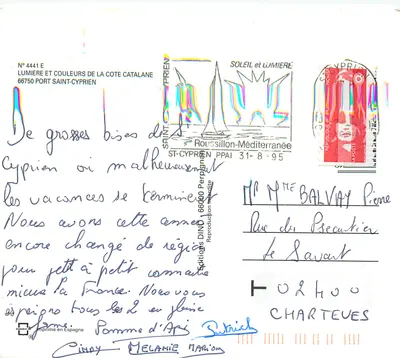 Port Saint-Cyprien — widok portu, rybacy i fontanna — Éditions DINDO — Rewers