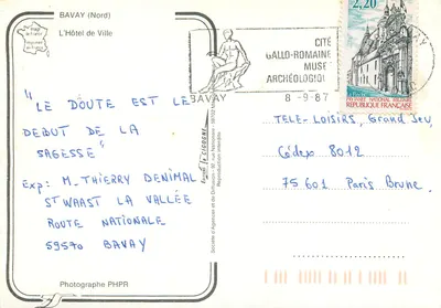 Bavay — Hotel de Cidade e monumento do Dúvida — Sociedade Cigogne — Verso