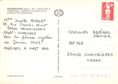 Chamrousse — Teleférico e pistas de esqui do Recoin — editor Combière Imprimeur Mâcon — Verso