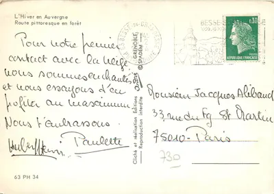 O Inverno na Auvergne — Estrada pitoresca na floresta — Éditions SPADEM, n° 63 PH 34 — Verso