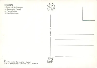 Sorrento — Chiostro San Francesco — Wyd. Vincenzo Carcavallo - Neapol, nr 25 — Rewers