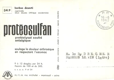 Dwa barbiki deserti — cyprynidze z zachodniej Afryki — fotografia J. Hérissé, wydane przez Roland-Marie Laboratoires — Rewers