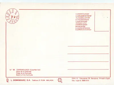 Torremolinos — Plaża Carihuella — L. Dominguez, S.A. N° 96 — Rewers
